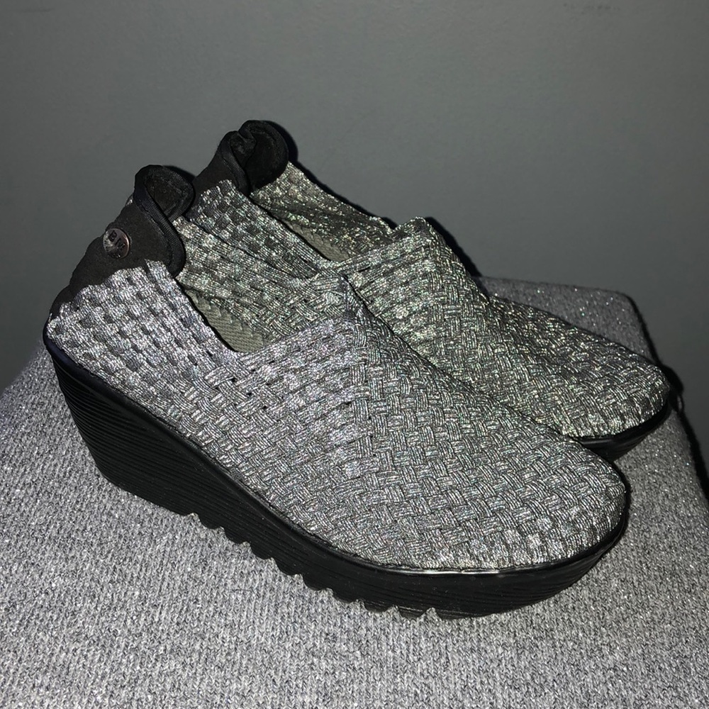 Bernie Mev. Silver woven fabric shoes.